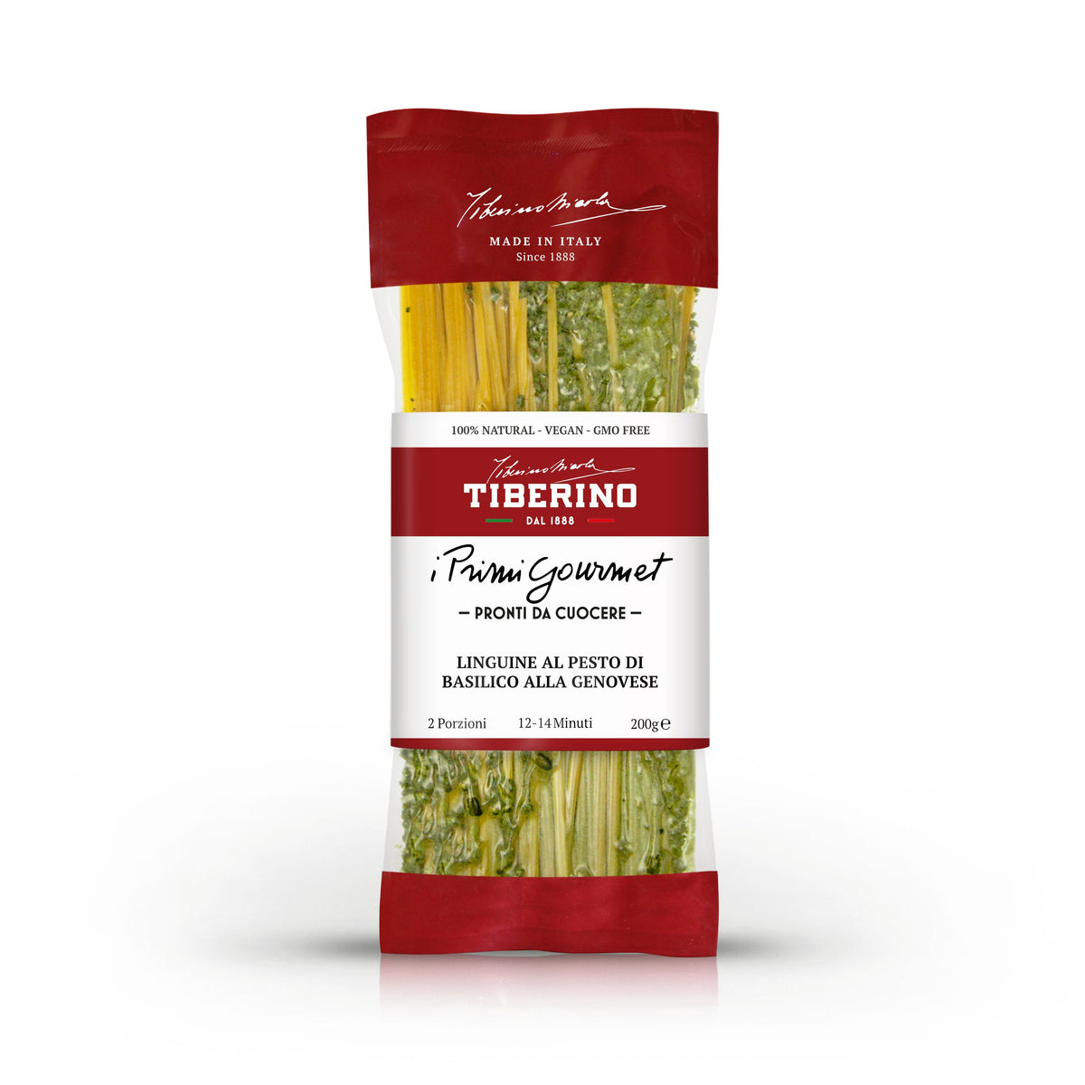 Confezione trasparente di Linguine al Pesto di Basilico alla Genovese, con pasta gialla e verde, bordi rossi e logo Tiberino 1888.