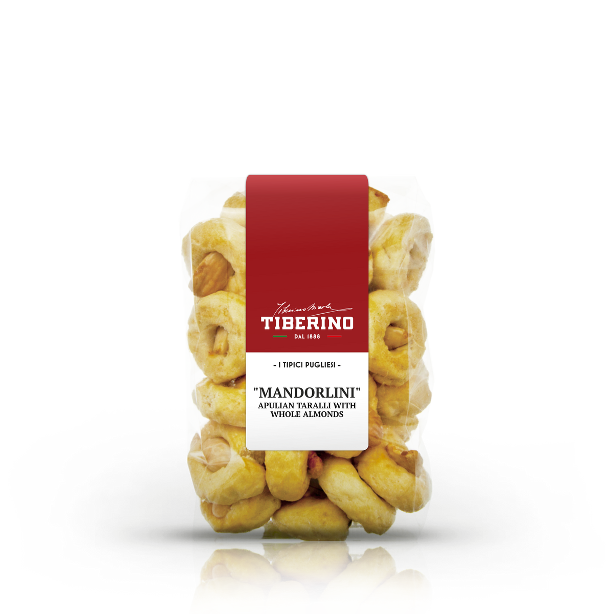 Sacchetto trasparente di taralli pugliesi "Mandorlini" Tiberino 1888 con mandorle intere, etichetta rossa e bianca.