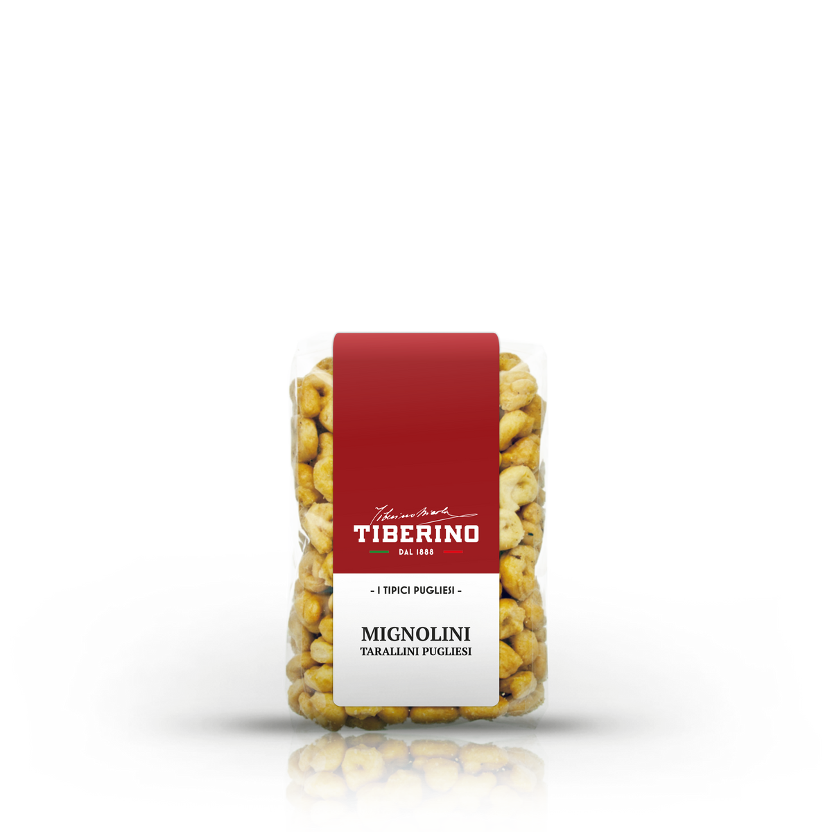 Confezione trasparente di Mignolini Tarallini Pugliesi Tiberino 1888, etichetta rossa e beige, 200g.