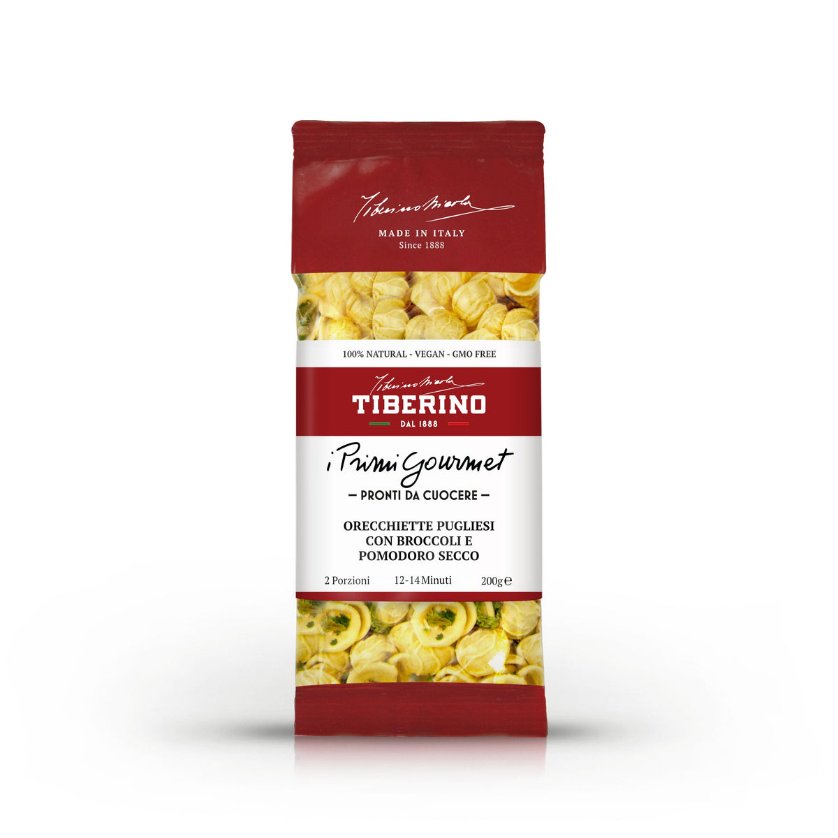 Confezione rossa Tiberino 1888 di orecchiette pugliesi con broccoli e pomodoro secco, 200g.