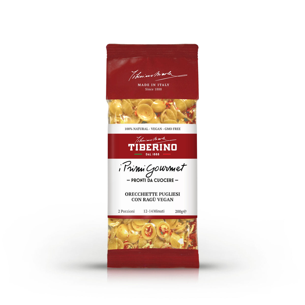 Confezione rossa opaca di Orecchiette Pugliesi con Ragù Vegan Tiberino 1888, 200g, con finestra trasparente che mostra la pasta.