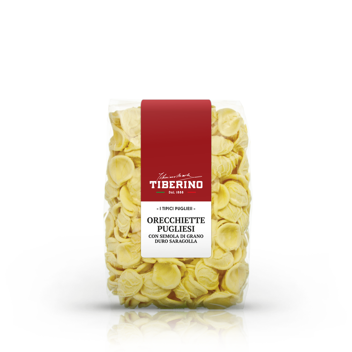 Confezione trasparente di Orecchiette Pugliesi Tiberino 1888 con etichetta rossa e testo bianco.