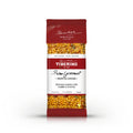 Confezione rossa opaca di Fregola Sarda con Curry e Uvetta Tiberino 1888, 200g, con pasta visibile.