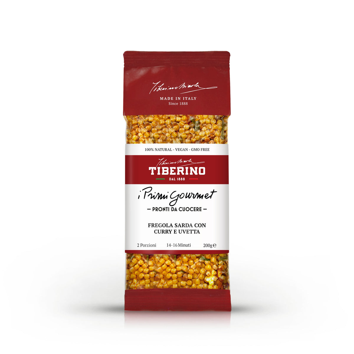 Confezione rossa opaca di Fregola Sarda con Curry e Uvetta Tiberino 1888, 200g, con pasta visibile.