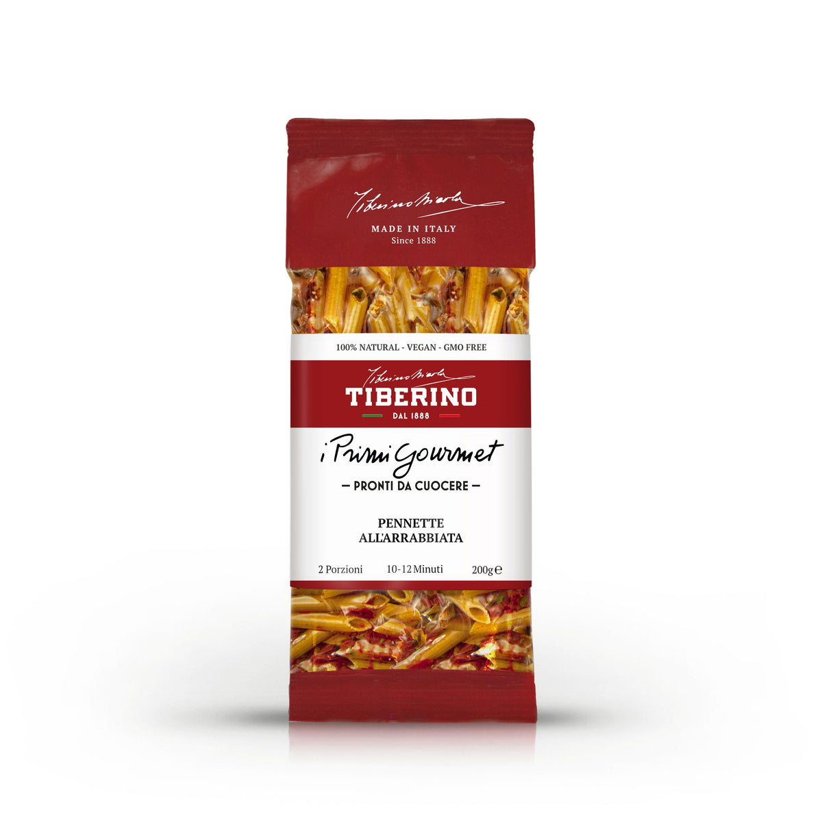 Confezione rossa di Pennette all'Arrabbiata Tiberino 1888, 200g, con finestra trasparente che mostra la pasta.
