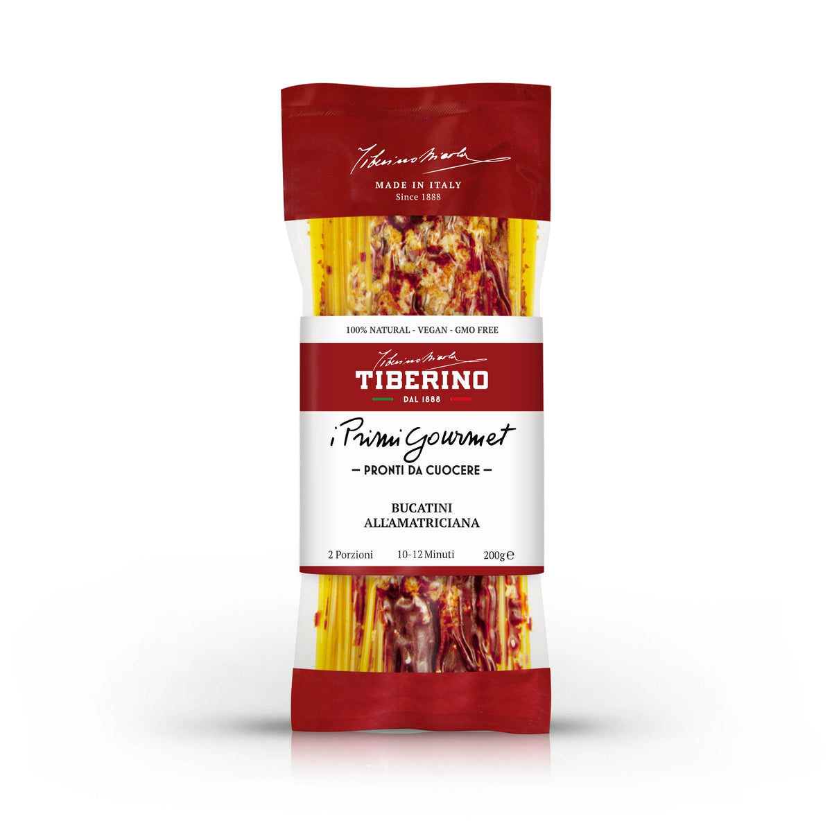 Confezione trasparente e rossa di Preparato per Bucatini all'Amatriciana Tiberino 1888, 200g, con pasta e sugo visibili.