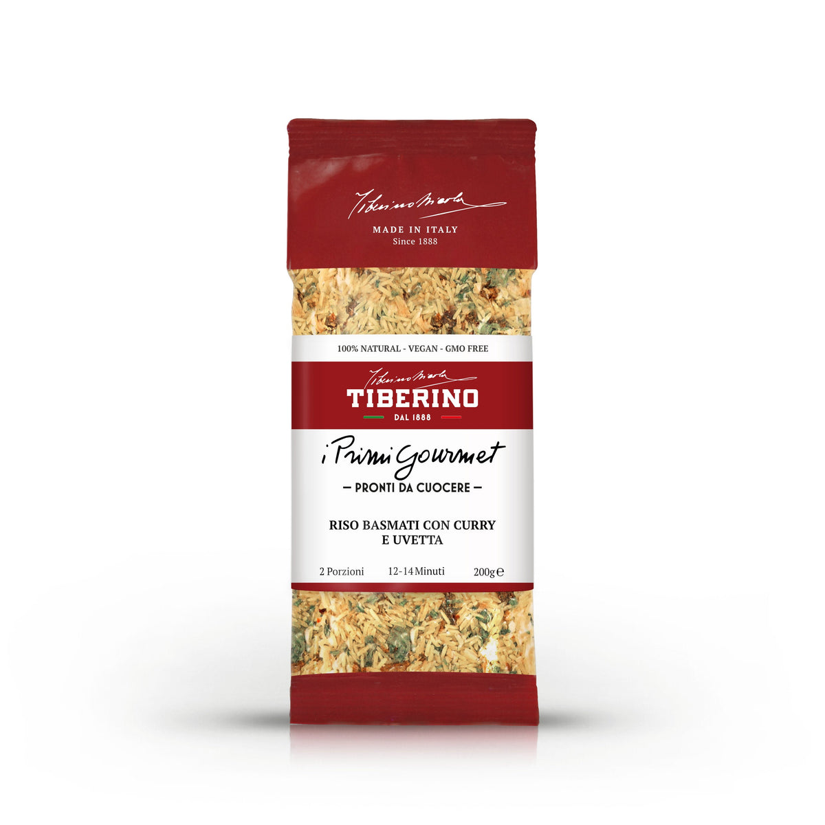 Confezione rossa e bianca di Riso Basmati con Curry e Uvetta Tiberino 1888, 200g, con finestra trasparente che mostra il mix di riso, spezie e uvetta.