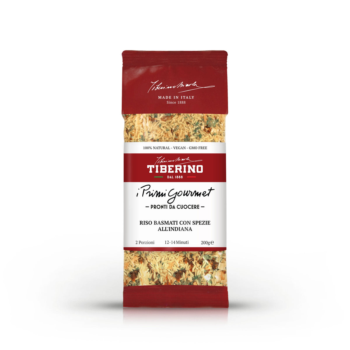 Confezione rossa Tiberino 1888 "I Primi Gourmet" Riso Basmati con Spezie all'Indiana, 200g, ingredienti visibili.