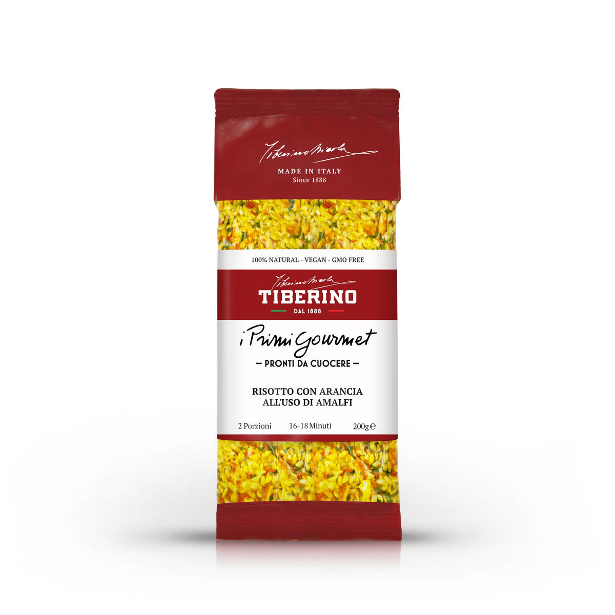 Confezione rossa e bianca di Risotto con Arancia all'Uso di Amalfi Tiberino 1888, 200g, con riso giallo visibile.