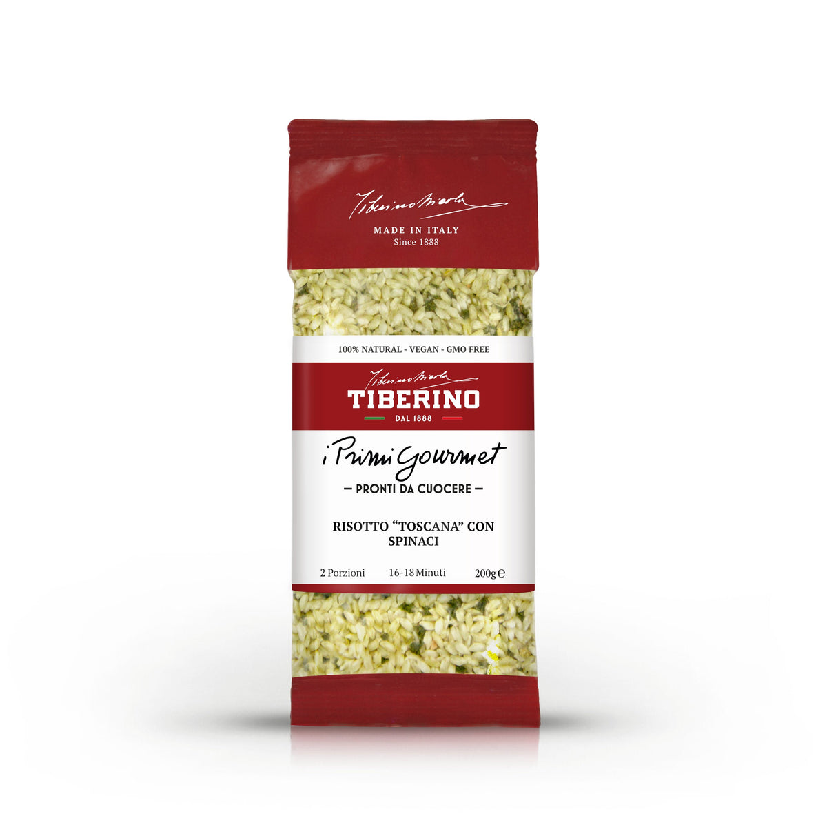 Confezione rossa e bianca di Risotto "Toscana" con spinaci Tiberino 1888, 200g, per 2 porzioni.