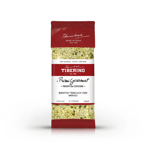 Confezione rossa e bianca di Risotto "Toscana" con spinaci Tiberino 1888, 200g, per 2 porzioni.