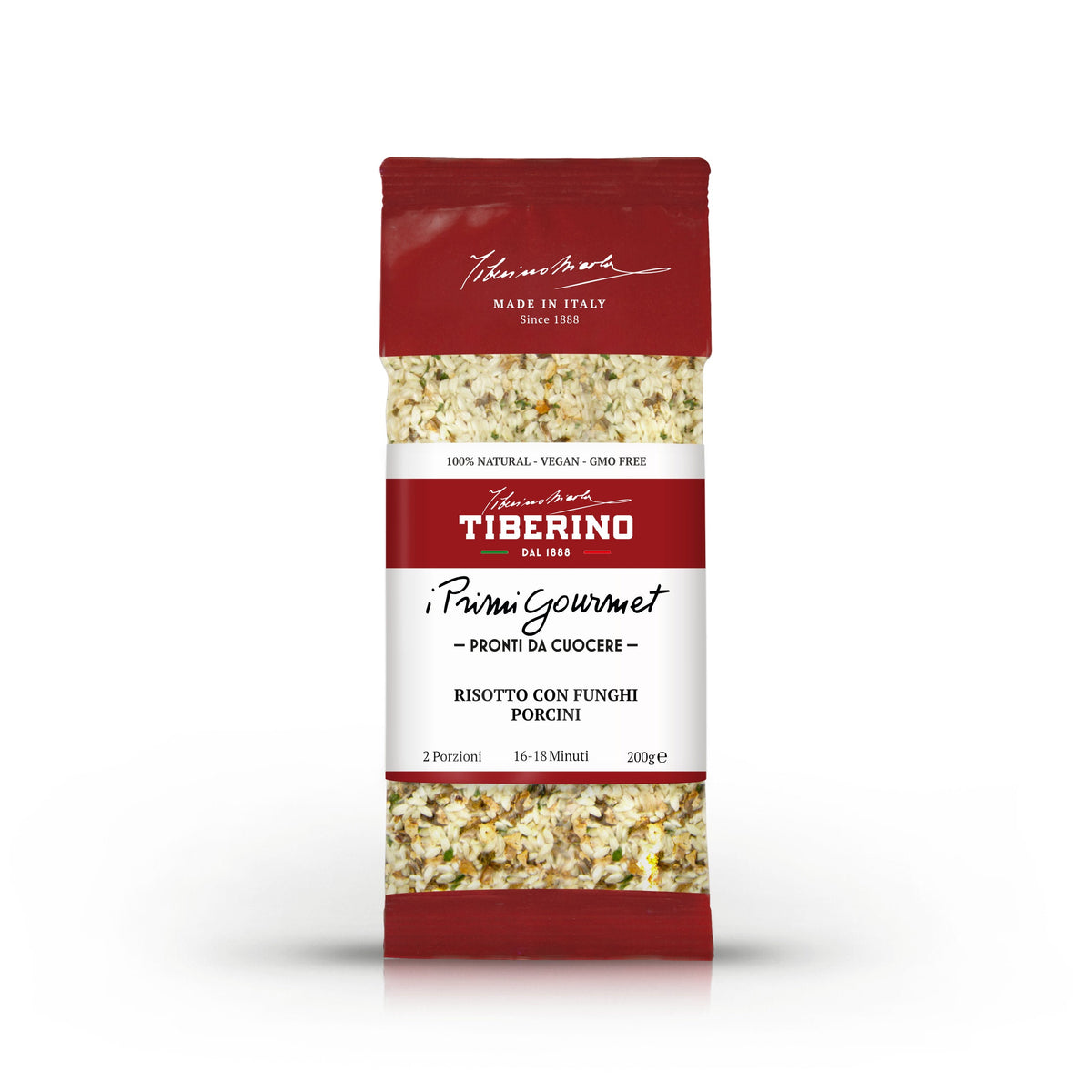 Confezione rossa opaca di Risotto con Funghi Porcini Tiberino 1888, 200g, con riso e funghi visibili.