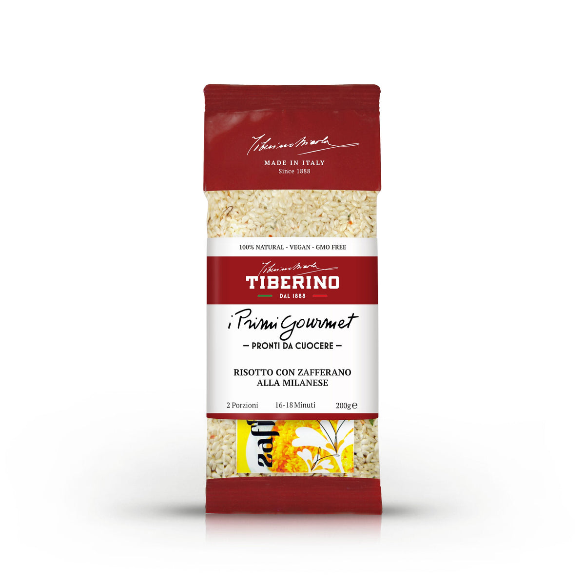Confezione rossa e trasparente di Risotto con Zafferano alla Milanese Tiberino 1888, 200g, con riso visibile.