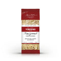 Confezione verticale di risotto Tiberino 1888 con carciofi alla Romana, sfondo rosso bordeaux, centro trasparente con riso e verdure, 200g.