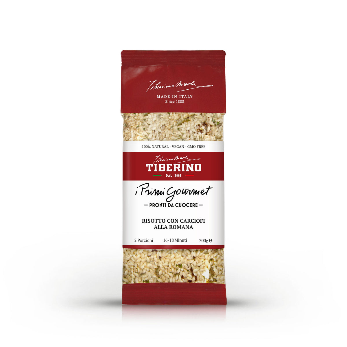 Confezione verticale di risotto Tiberino 1888 con carciofi alla Romana, sfondo rosso bordeaux, centro trasparente con riso e verdure, 200g.
