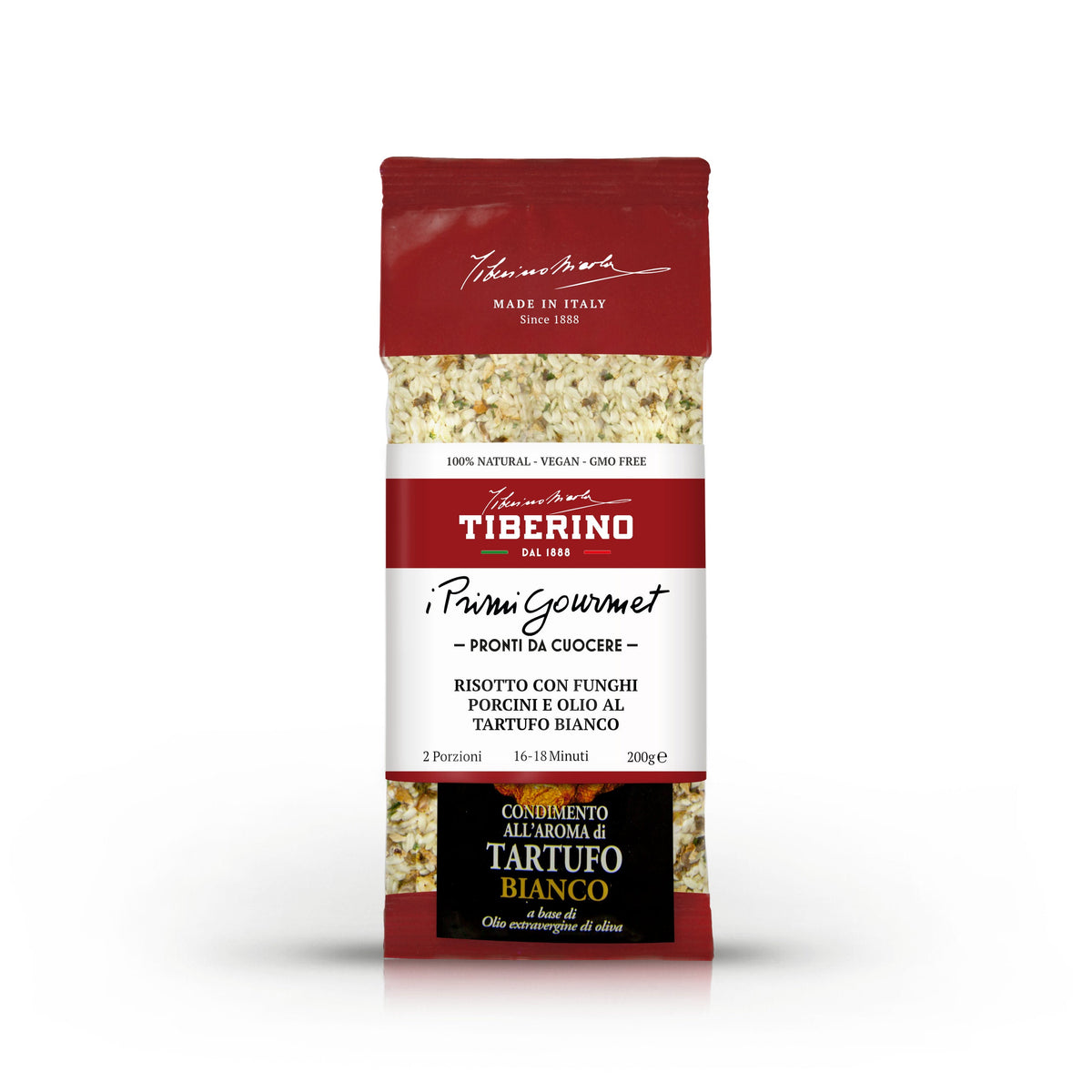 Busta rossa opaca di Risotto con funghi porcini e olio al tartufo bianco Tiberino 1888, 200g.