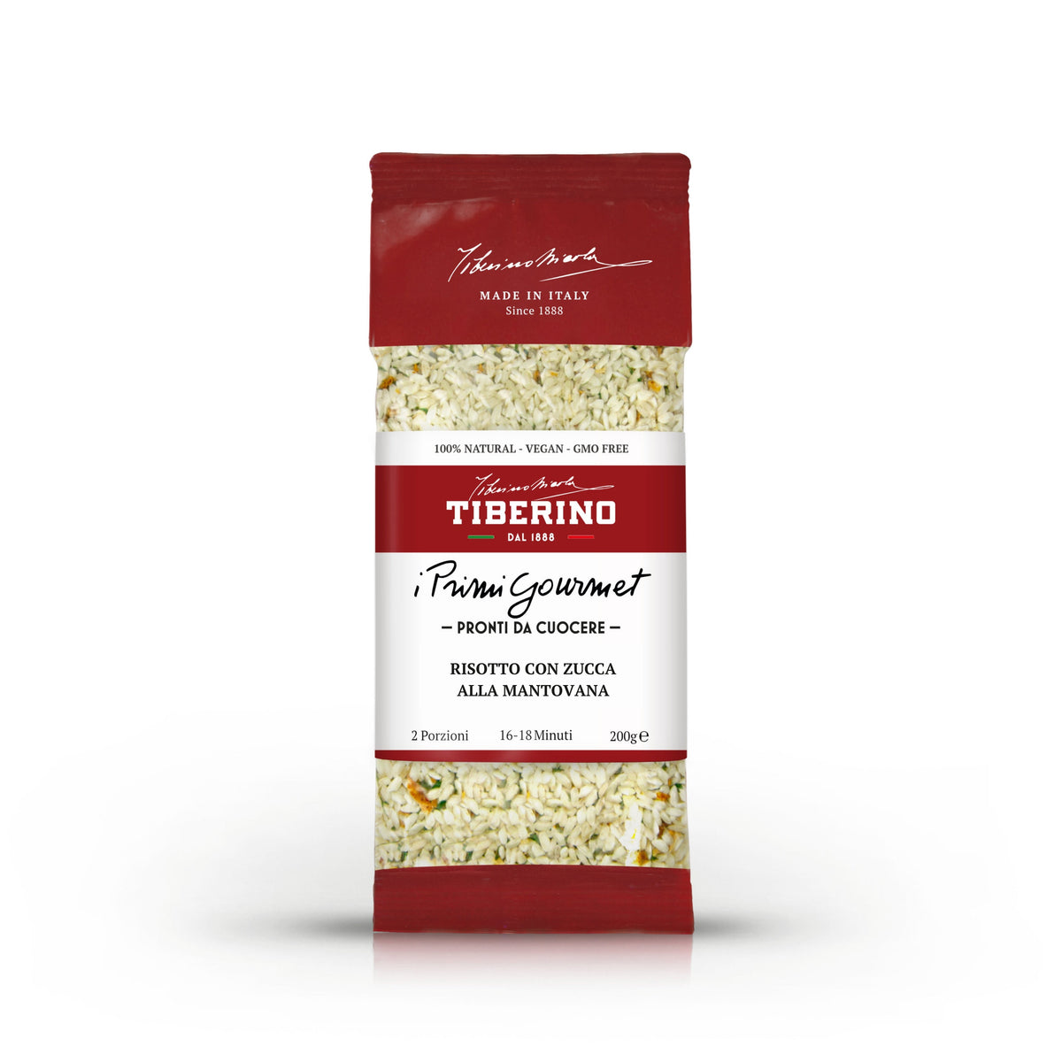 Confezione rossa e bianca di Risotto con Zucca alla Mantovana Tiberino 1888, 200g, 2 porzioni, 16-18 minuti.