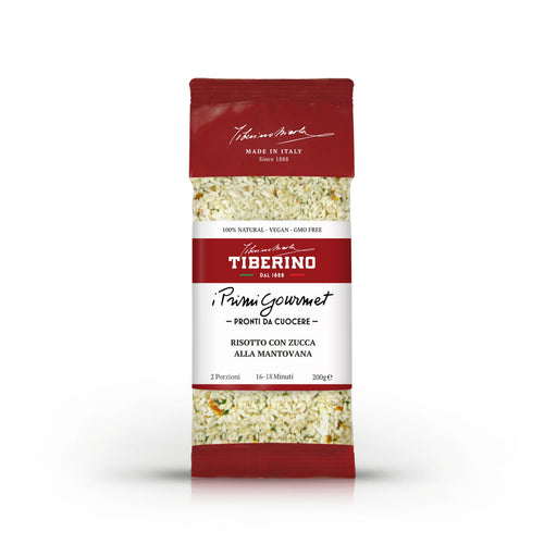 Confezione rossa e bianca di Risotto con Zucca alla Mantovana Tiberino 1888, 200g, 2 porzioni, 16-18 minuti.