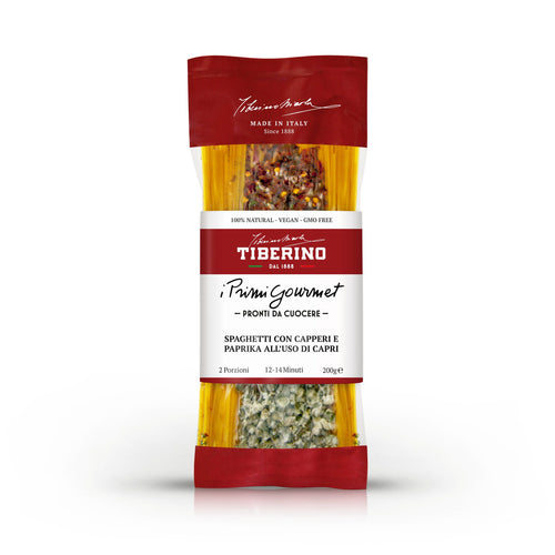 Confezione di spaghetti Tiberino 1888 Primi Gourmet con capperi e paprika, 200g, etichetta rossa.