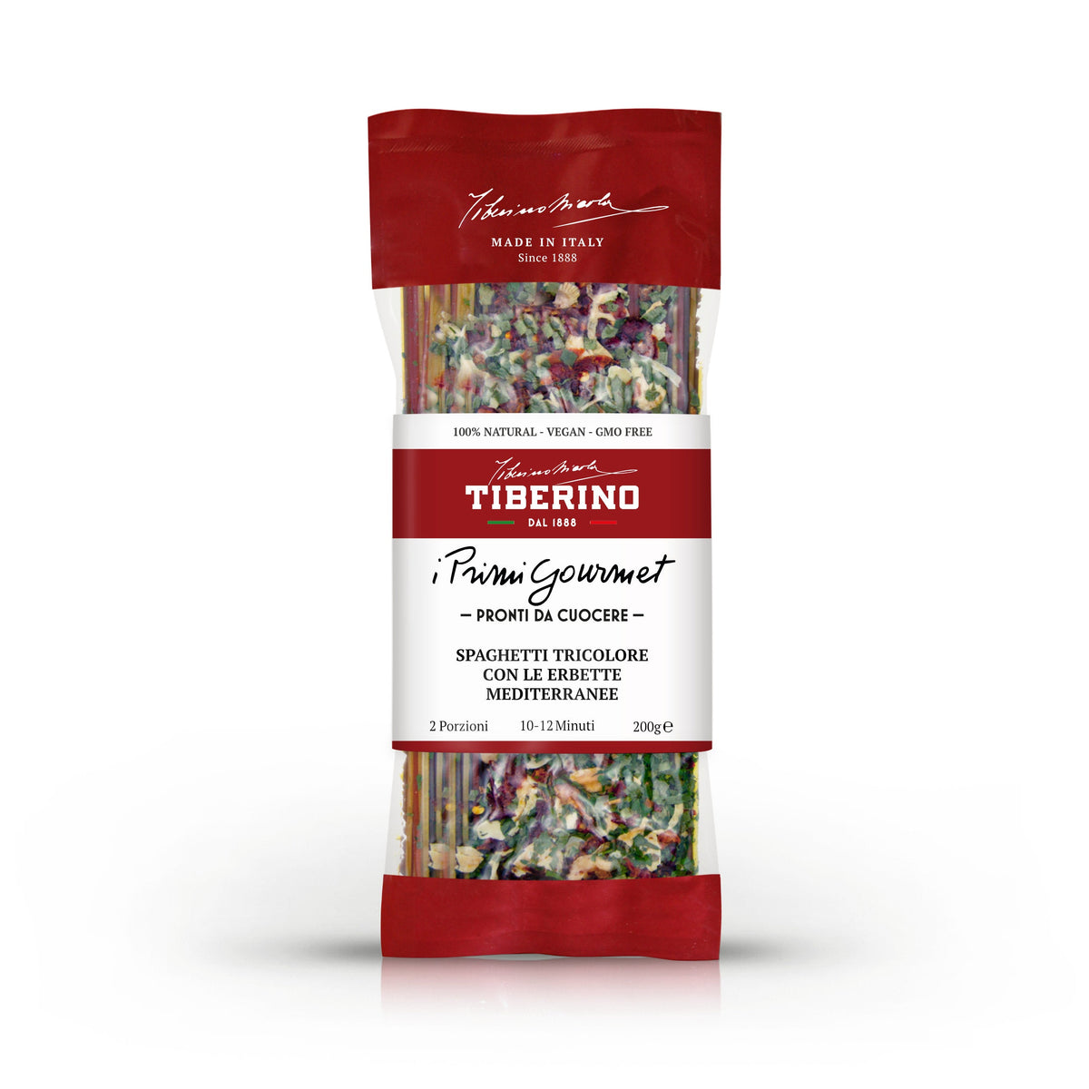 Confezione di spaghetti tricolore Tiberino 1888 con erbe mediterranee, 200g, sfondo bianco.