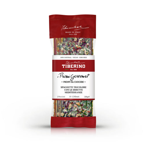 Confezione di spaghetti tricolore Tiberino 1888 con erbe mediterranee, 200g, sfondo bianco.