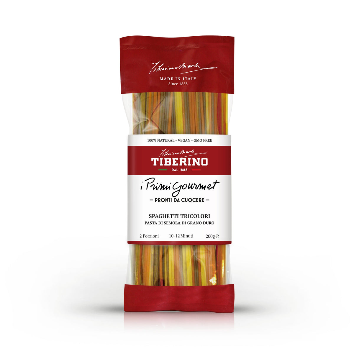 Confezione trasparente di Spaghetti Tricolori Tiberino 1888, pasta di semola di grano duro, 200g, con etichetta rossa e bianca.