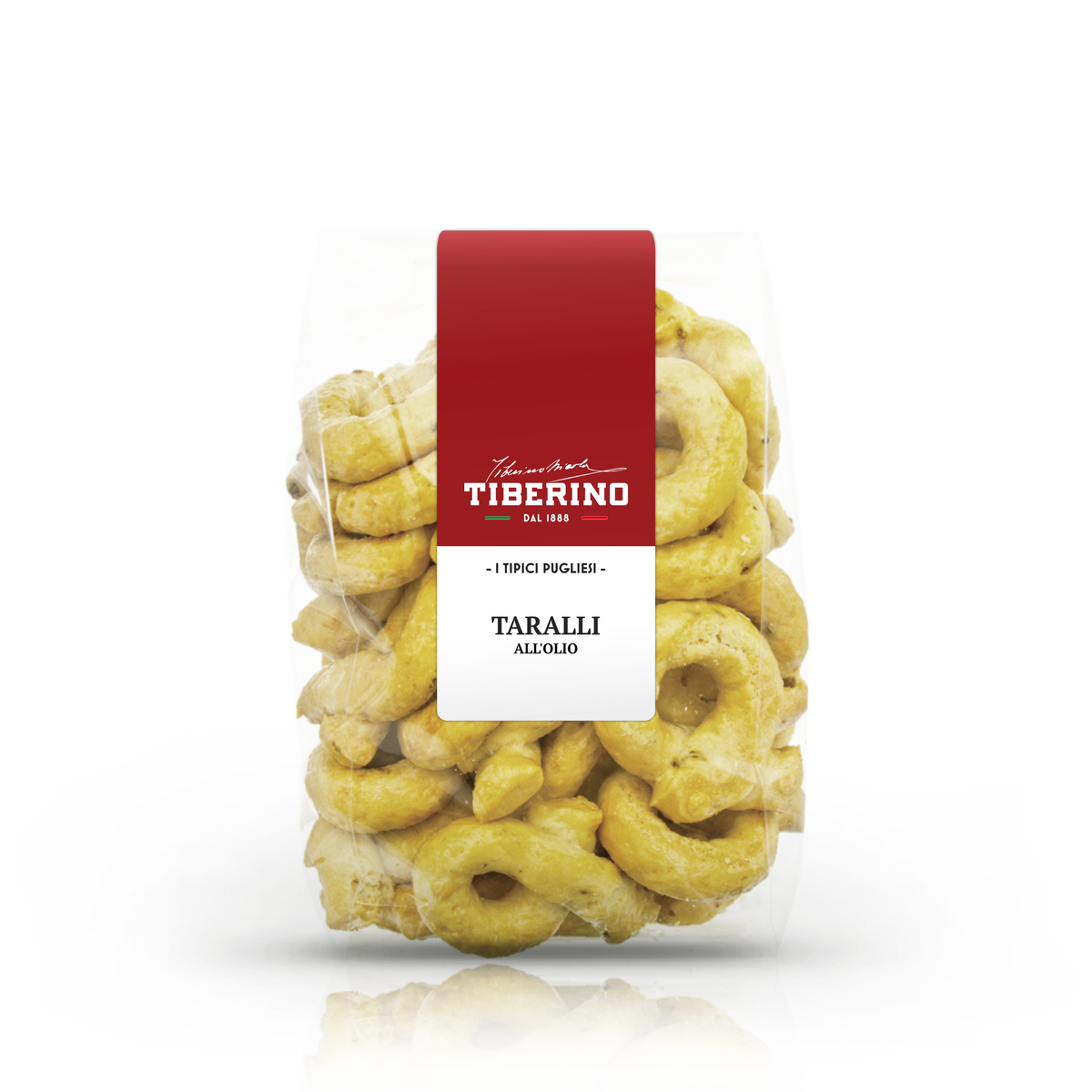 Confezione trasparente di Taralli Pugliesi all'olio Tiberino 1888, con etichetta rossa e bianca.