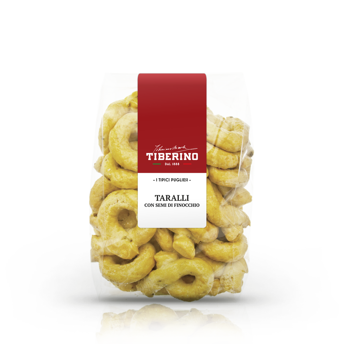 Busta trasparente di Taralli Pugliesi con semi di finocchio, etichetta rossa Tiberino 1888.