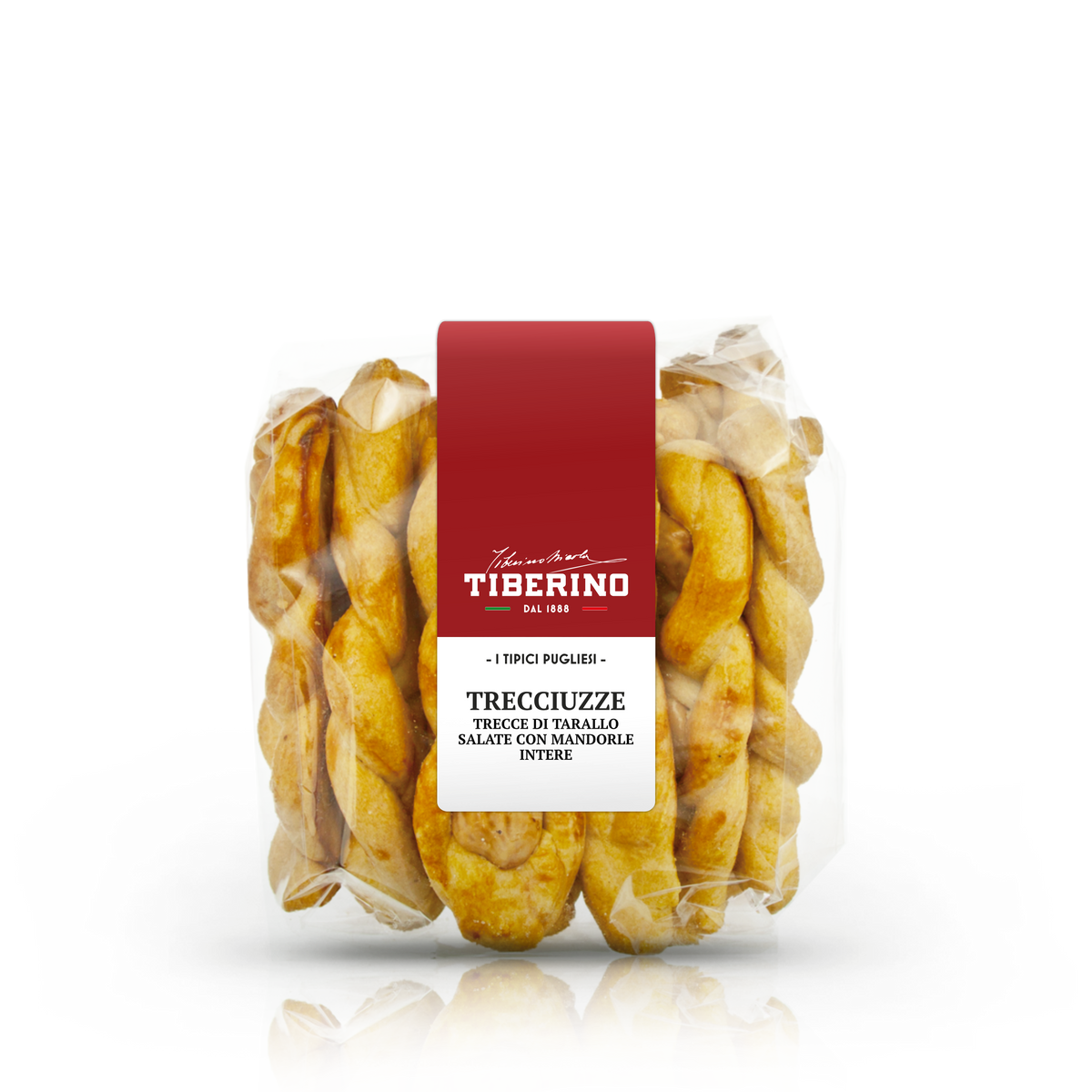 Confezione trasparente di Trecciuzze Tiberino 1888, trecce di tarallo salate con mandorle intere, etichetta rossa.