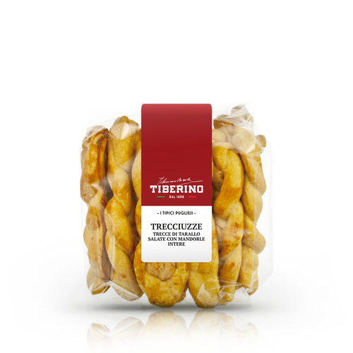 Confezione trasparente di Trecciuzze Tiberino 1888, trecce di tarallo salate con mandorle intere, etichetta rossa.