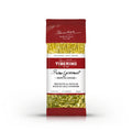 Confezione rossa e bianca di Trofiette al pesto di basilico alla genovese Tiberino 1888, 200g, con pasta gialla visibile.