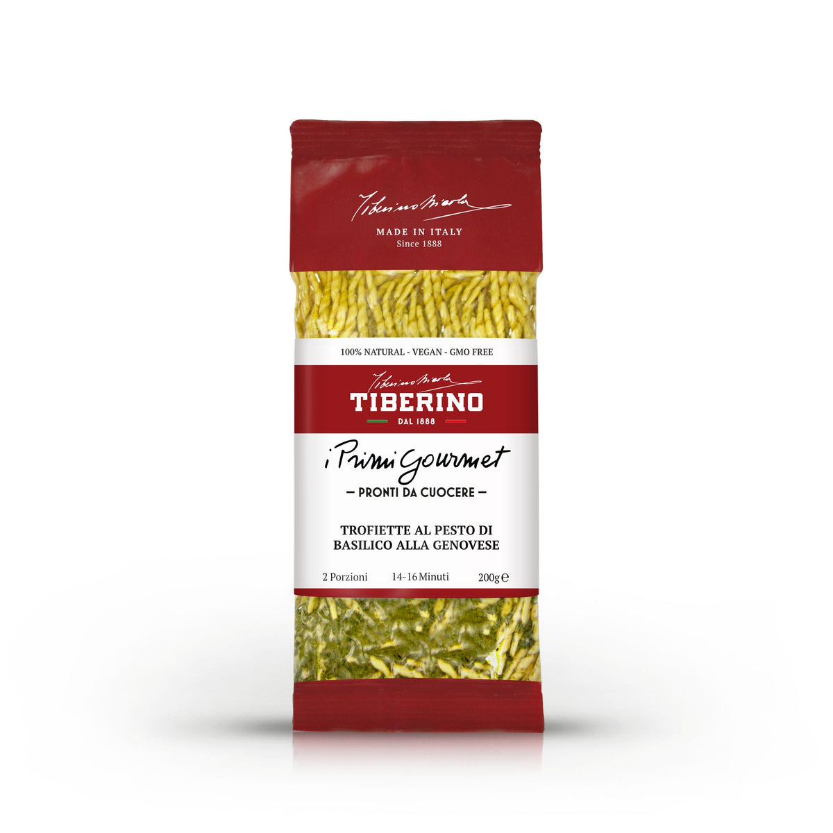Confezione rossa e bianca di Trofiette al pesto di basilico alla genovese Tiberino 1888, 200g, con pasta gialla visibile.