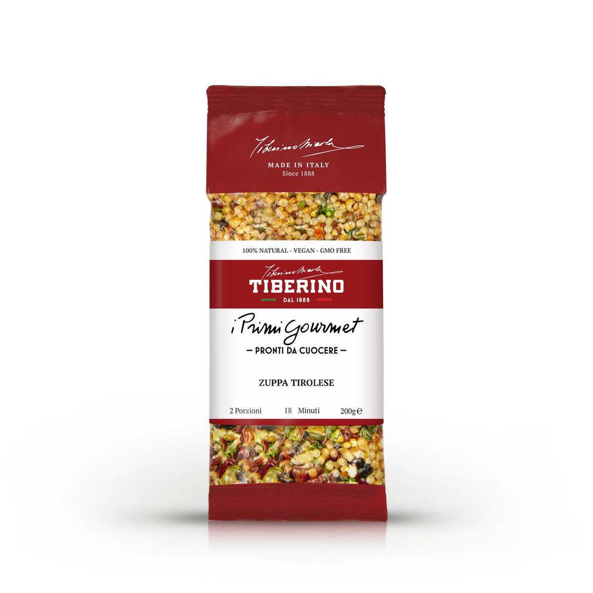 Confezione rossa opaca Tiberino 1888 "Primi Gourmet" Zuppa Tirolese, 200g, con finestra trasparente che mostra ingredienti secchi.