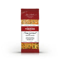 Confezione rossa opaca Tiberino 1888 di Zuppa di Farro e Lenticchie Rosse Decorticate, con finestra trasparente che mostra gli ingredienti secchi.