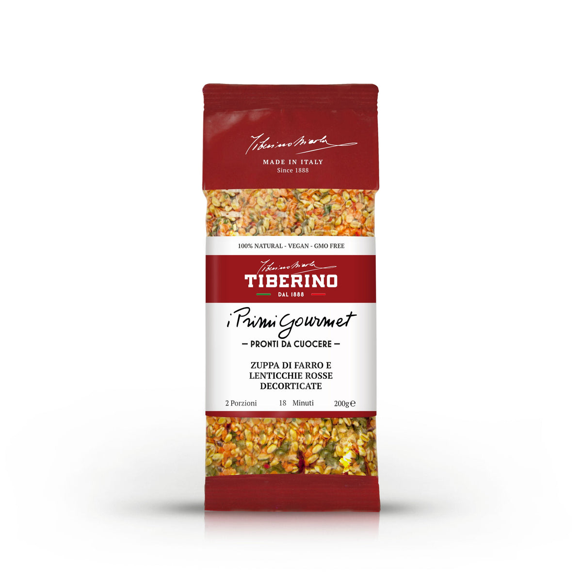 Confezione rossa opaca Tiberino 1888 di Zuppa di Farro e Lenticchie Rosse Decorticate, con finestra trasparente che mostra gli ingredienti secchi.