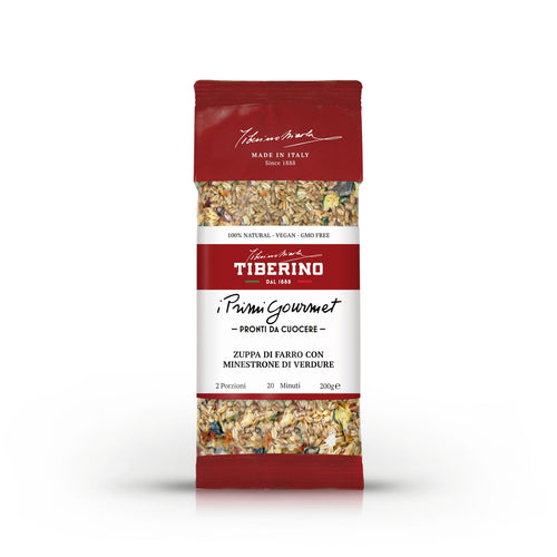 Confezione rossa opaca Tiberino 1888 di Zuppa di farro con minestrone di verdure, 200g, pronta da cuocere.