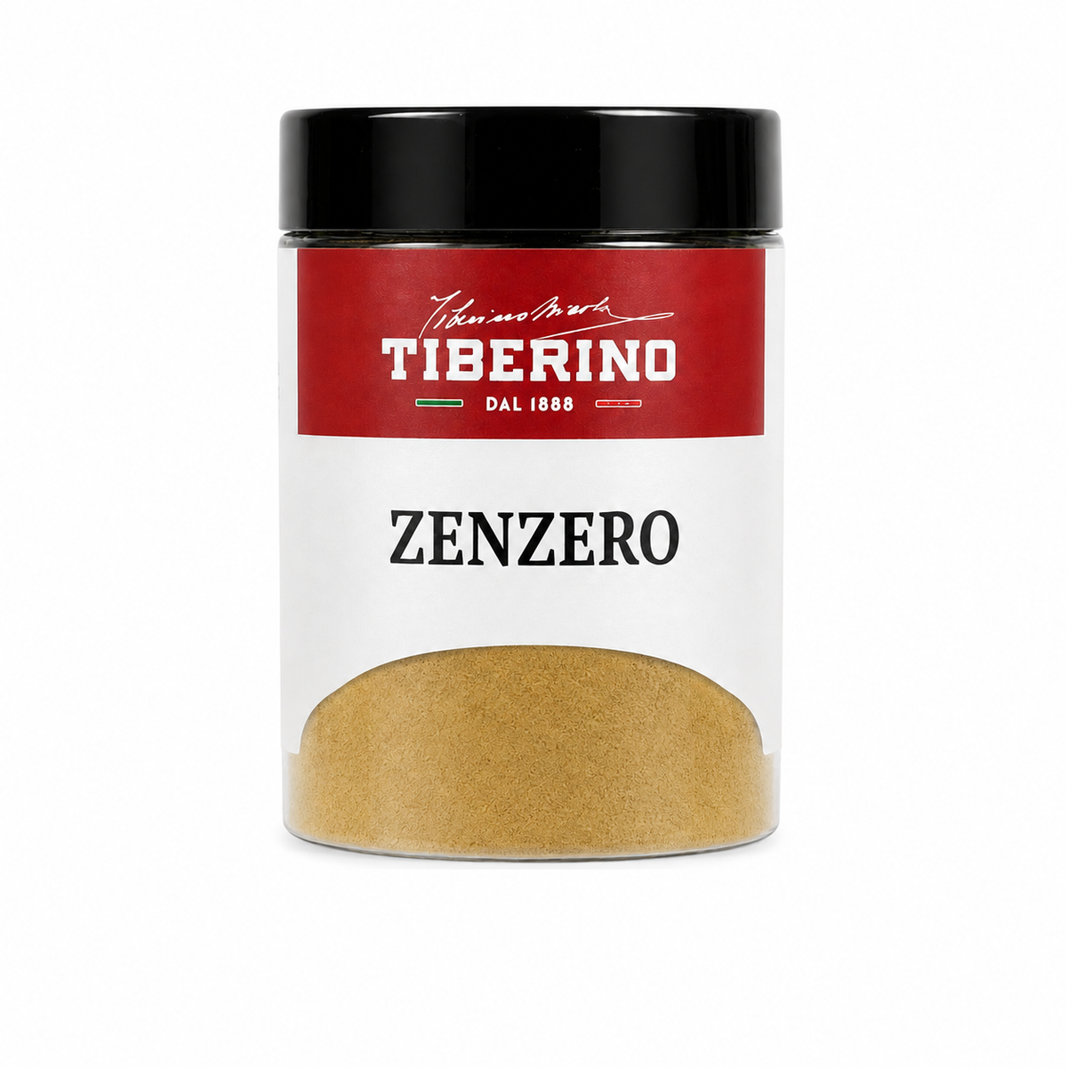 Barattolo trasparente con coperchio nero e etichetta rossa Tiberino 1888, contenente zenzero in polvere beige chiaro.