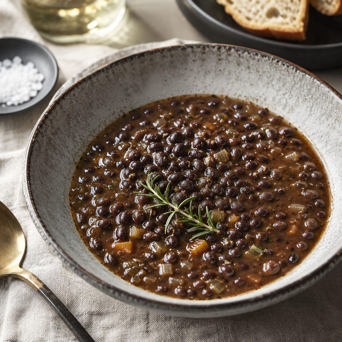 PIATTO DI CERAMICA CON ZUPPA DI CECI NERI E UN RAMETTO DI ROSMARINO FRESCO SU TOVAGLIA DI LINO E ACCESSORI PER LA TAVOLA