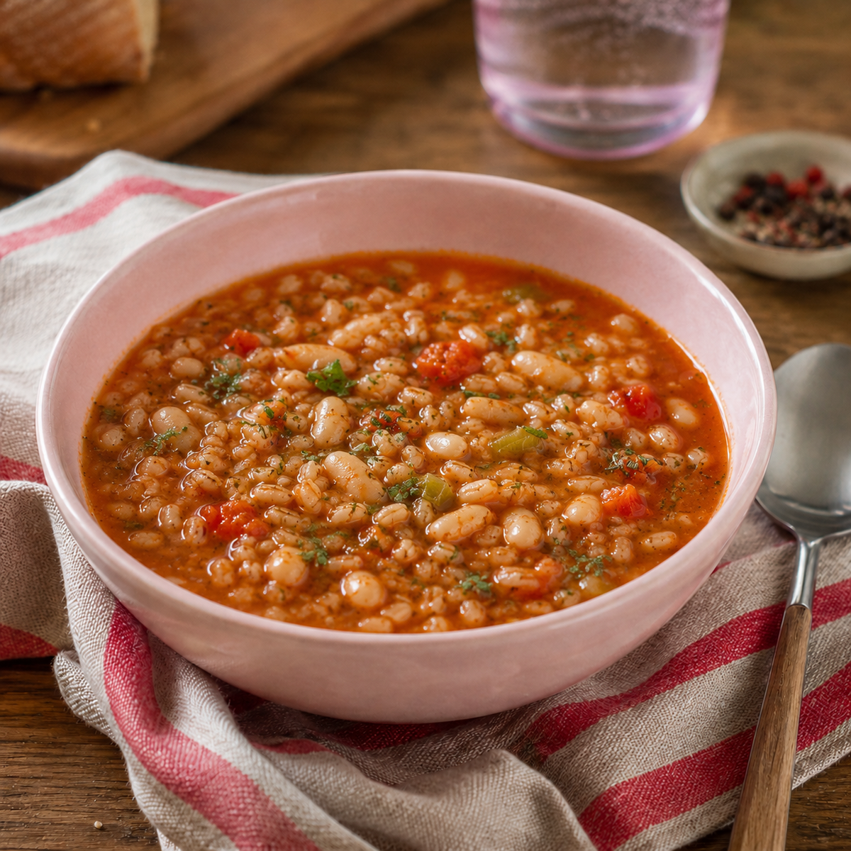 scodella di zuppa di farro con verdure e fagioli su un tavolo con strofinaccio bianco e rosso