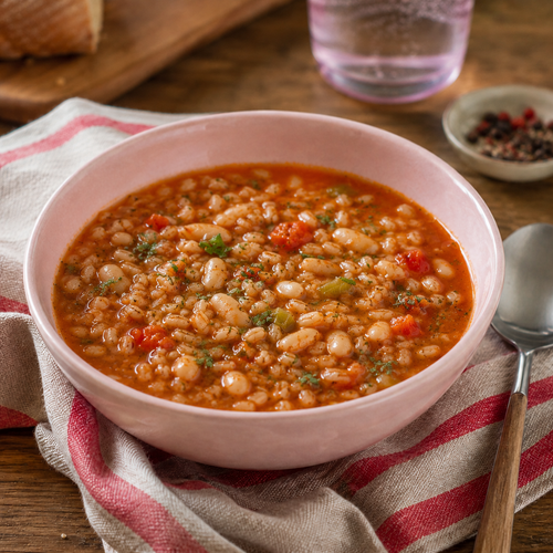 scodella di zuppa di farro con verdure e fagioli su un tavolo con strofinaccio bianco e rosso
