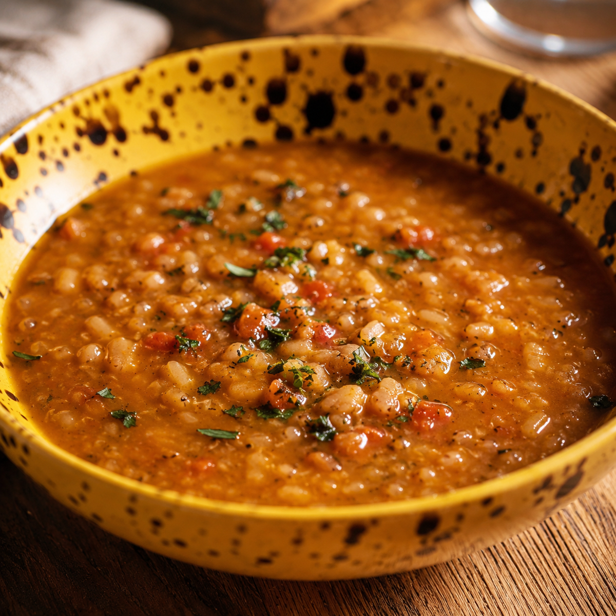 CIOTOLA DI TERRACOTTA, GIALLA A PUNTI NERI CON ZUPPA DI FARRO E LENTICCHIE ROSSE SU TAVOLO DI LEGNO NATURALE