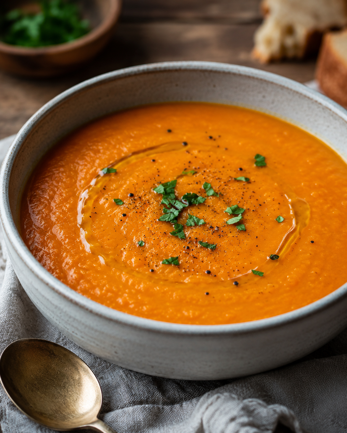 CIOTOLA DI CERAMICA CON ZUPPA DI LENTICCHIE ROSSE ED ERBE AROMATICHE, SU TAVOLA DI LEGNO CON CUCCHIAIO METALLICO