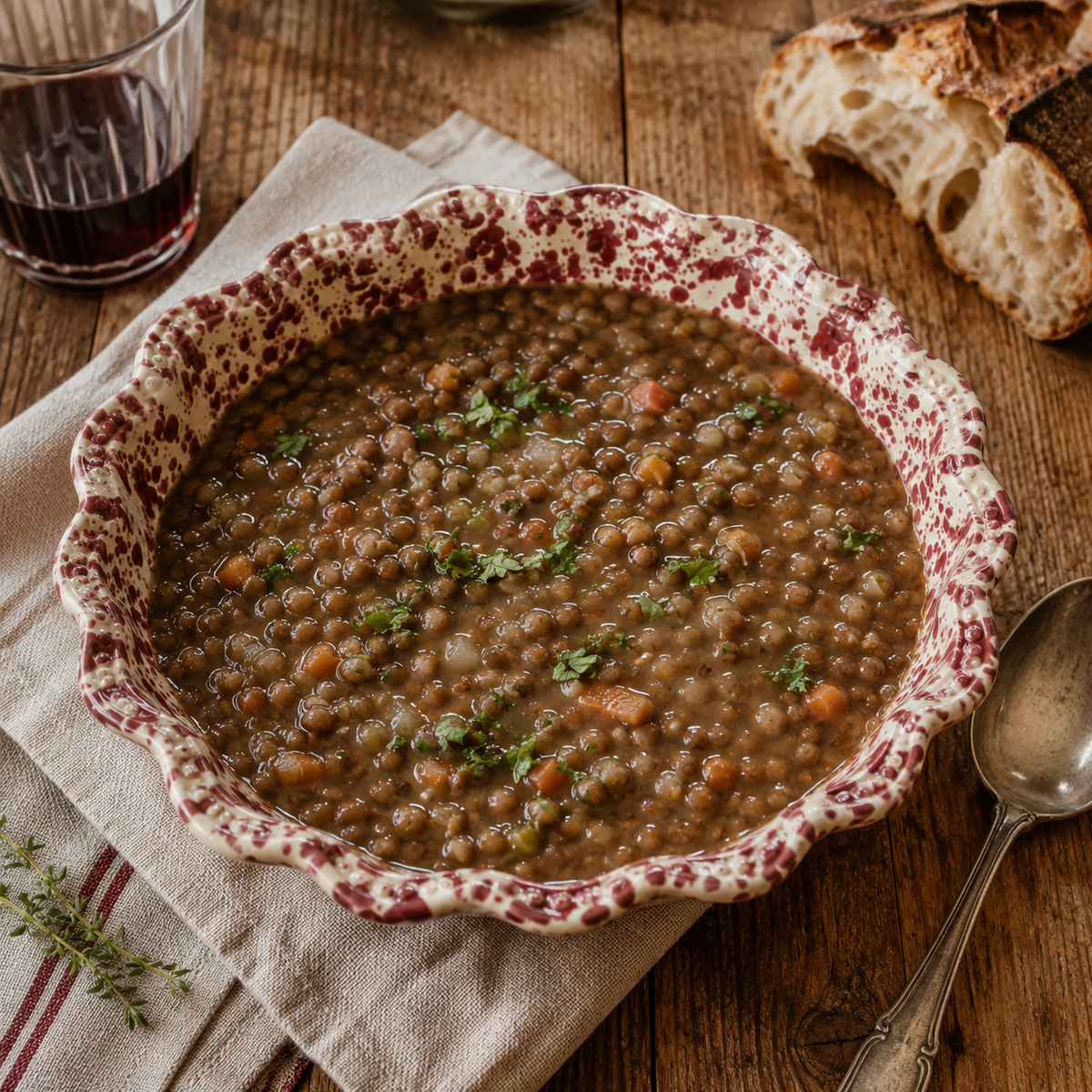 Ciotola di terracotta bianca con macchie rosse con zuppa di lenticchie brune, su tovagliolo di lino beige su tavola di legno, un bicchiere di vino rosso, pane spezzato e cucchiaio antico