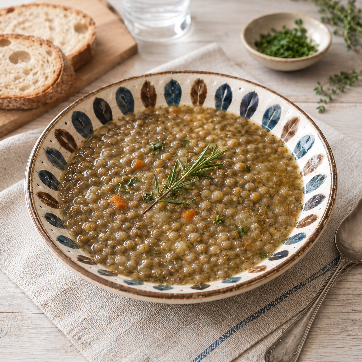 CIOTOLA DI CERAMICA DECORATA CON ZUPPA DI LENTICCHIE VERDI SU TOVAGLIOLO DI LINO GREZZO, FETTE DI PANE, CUCCHIAIO
