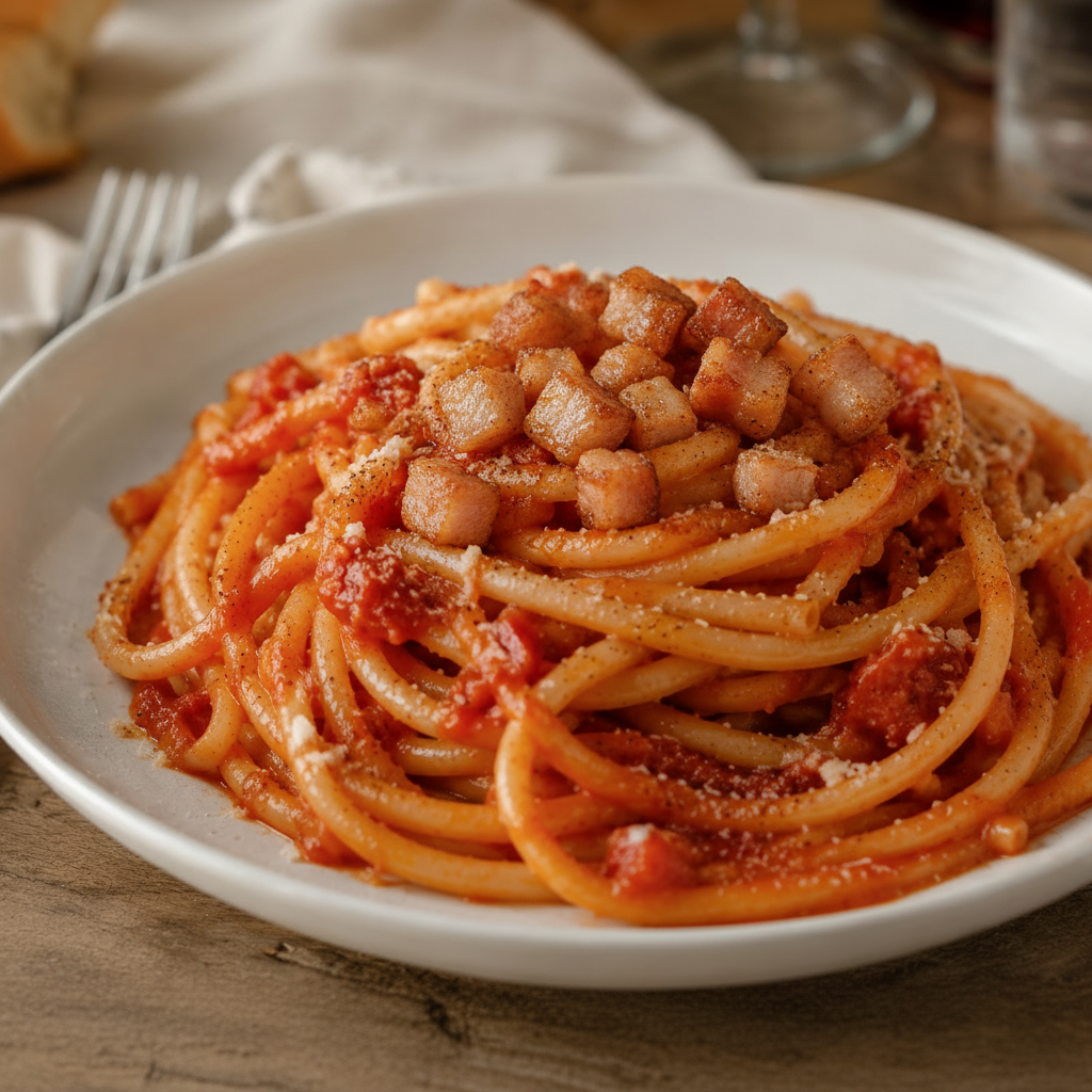 Piatto di bucatini amatriciana in piatto bianco