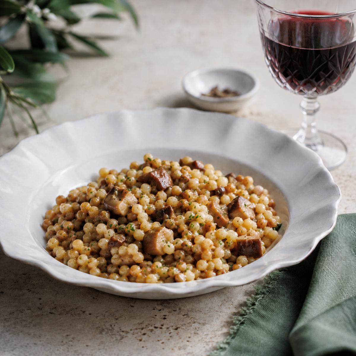 piatto di fregola sarda con porcini, un calice di vino rosso su tavola di travertino e tovagliolo di lino verde