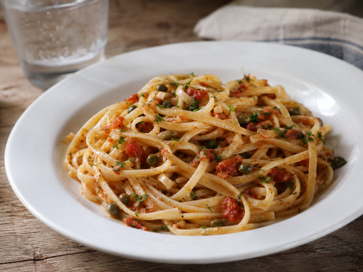 Linguine alla Puttanesca trafilate al bronzo con pomodoro, capperi e olive