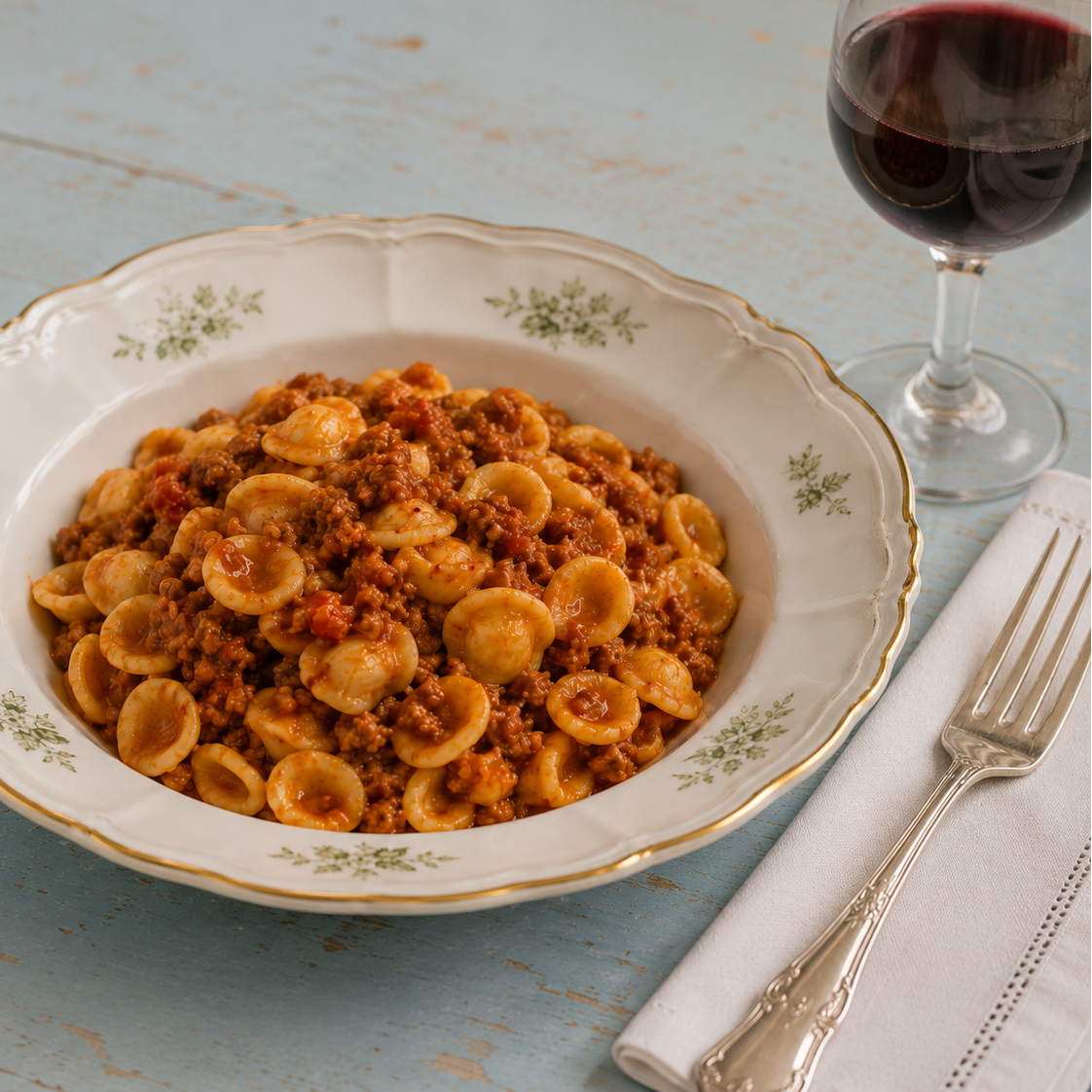 piatto di orecchiette al ragu su tavolo di legno azzurro rovinato, tovagliolo di fiandra, posata argento e calice di vino rosso