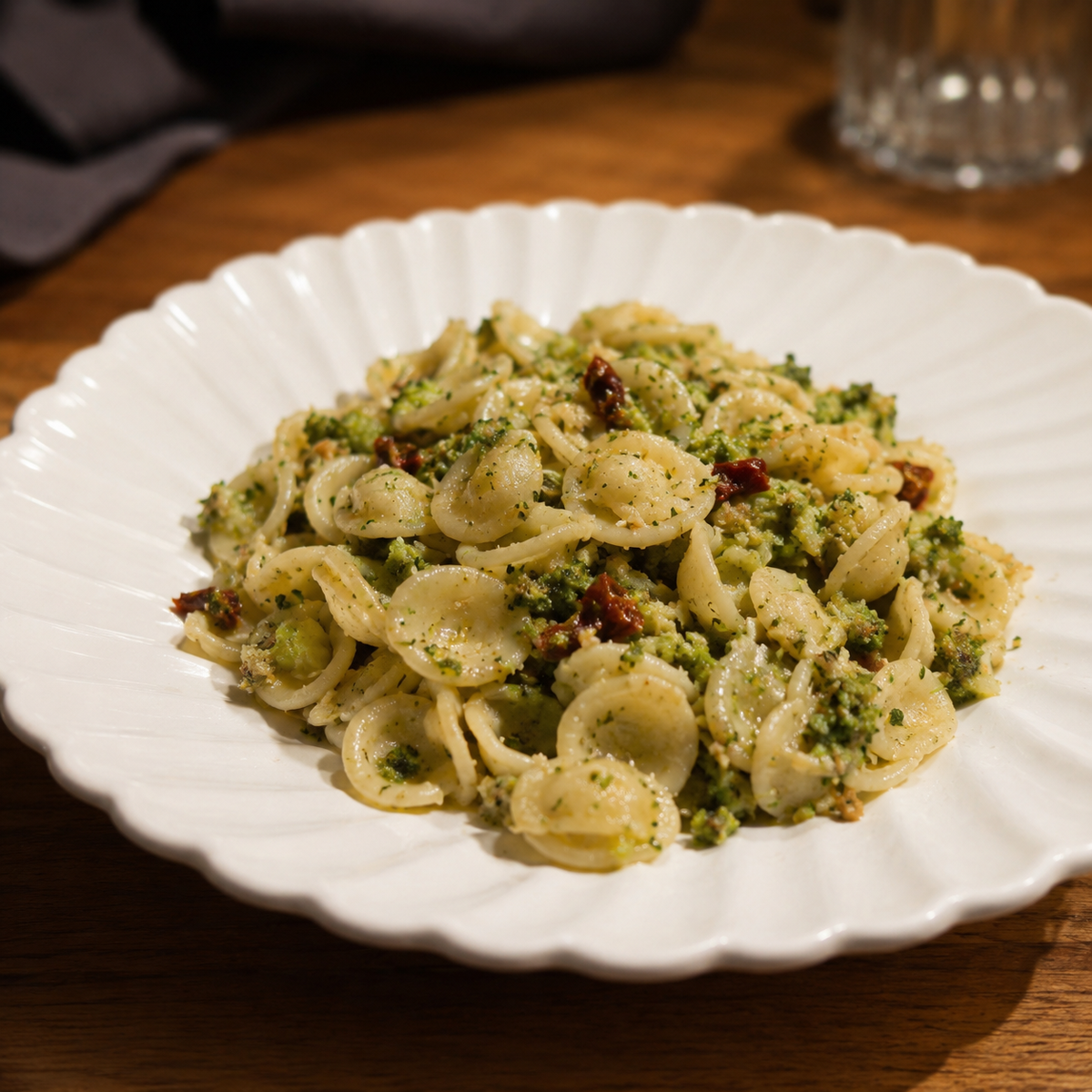piatto bianco su tavola di legno con oreccheitte ai broccoli e pomodoro secco