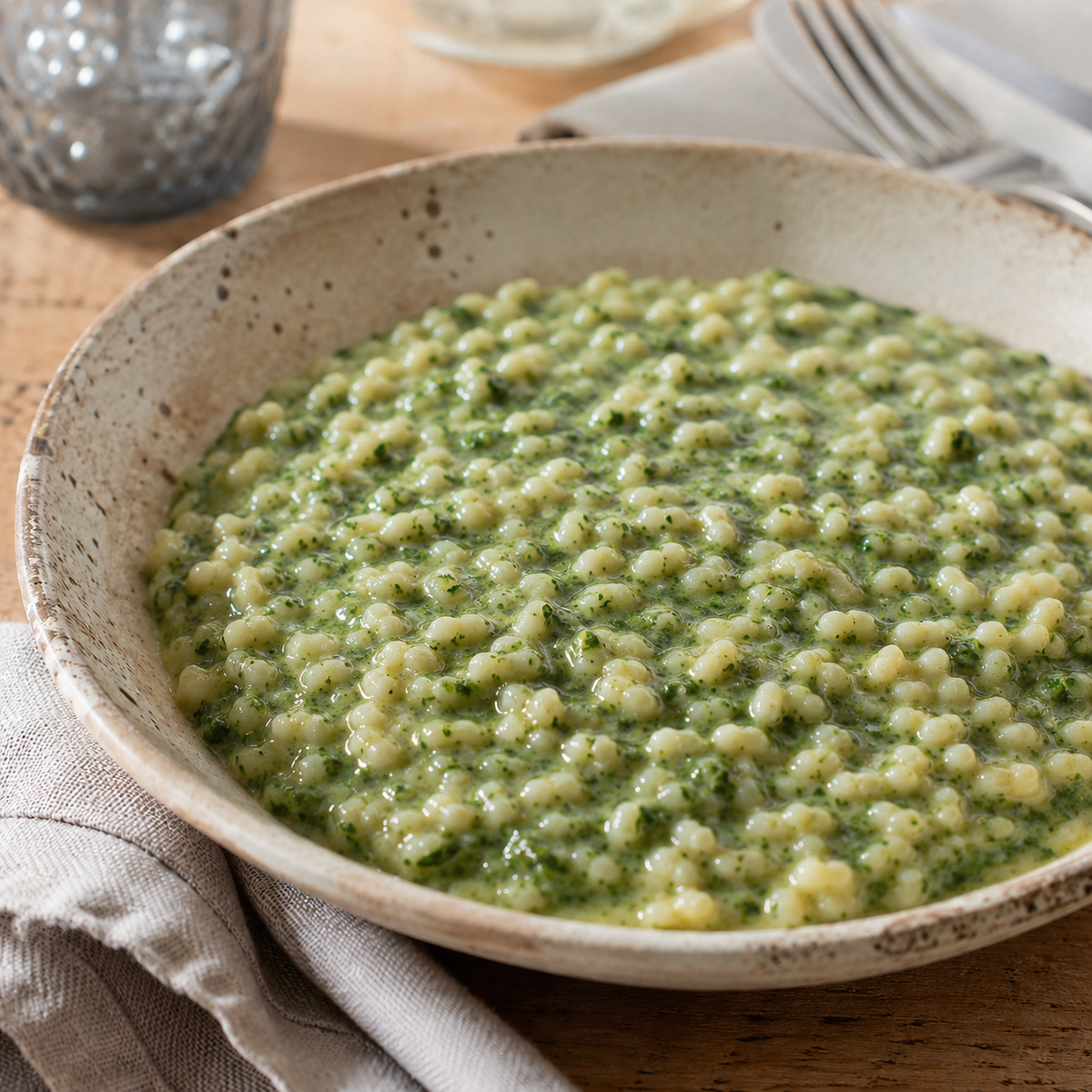 scodella di orzo con spinaci su una tavola di legno con tovagliolo di lino grigio